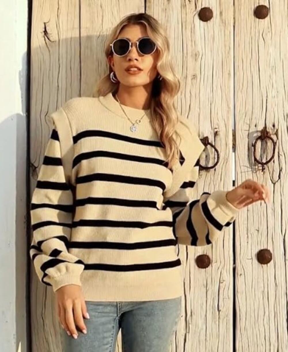 LouKeith Women's Striped Ribbed Knit Sweater Crewneck Lantern Sleeve